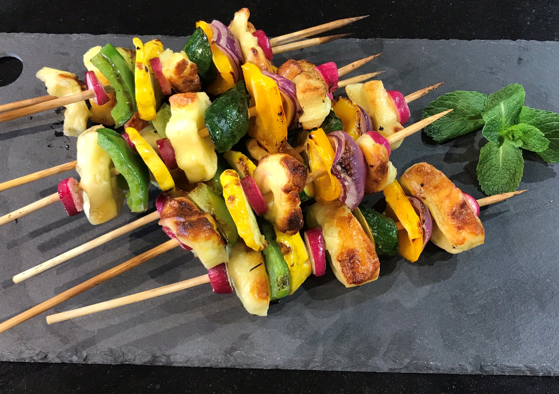Braaied Halloumi Skewers with a Mint Dressing